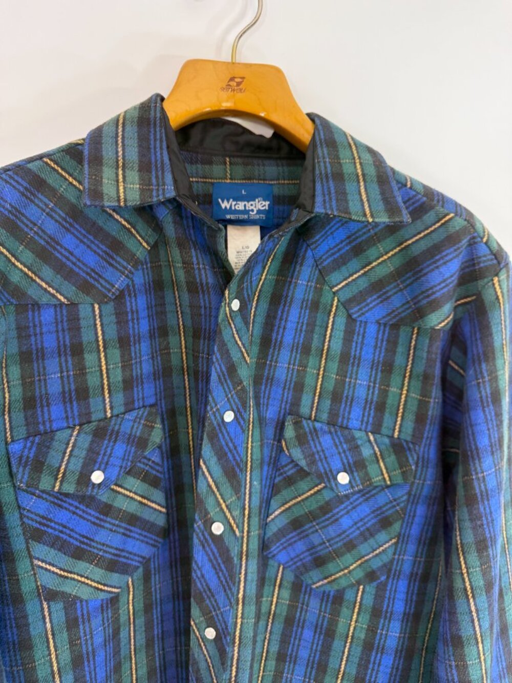 VTG 90s Wrangler Western Flannel Shirt Mens Large Blue Green Plaid Pearl Snap